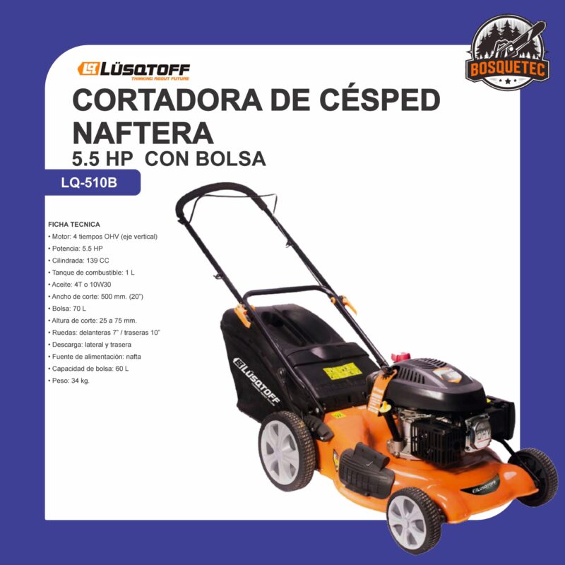 Cortadora de césped naftera 5.5 hp con bolsa lq-510b