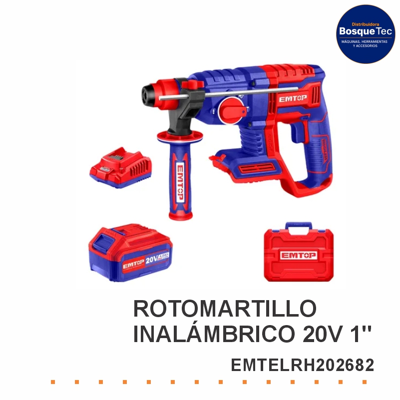 Rotomartillo Inalambrico 20V 1" 26Mm + 2 Bat. 4,0 Ah + Carga. Emtop Emtelrh202682