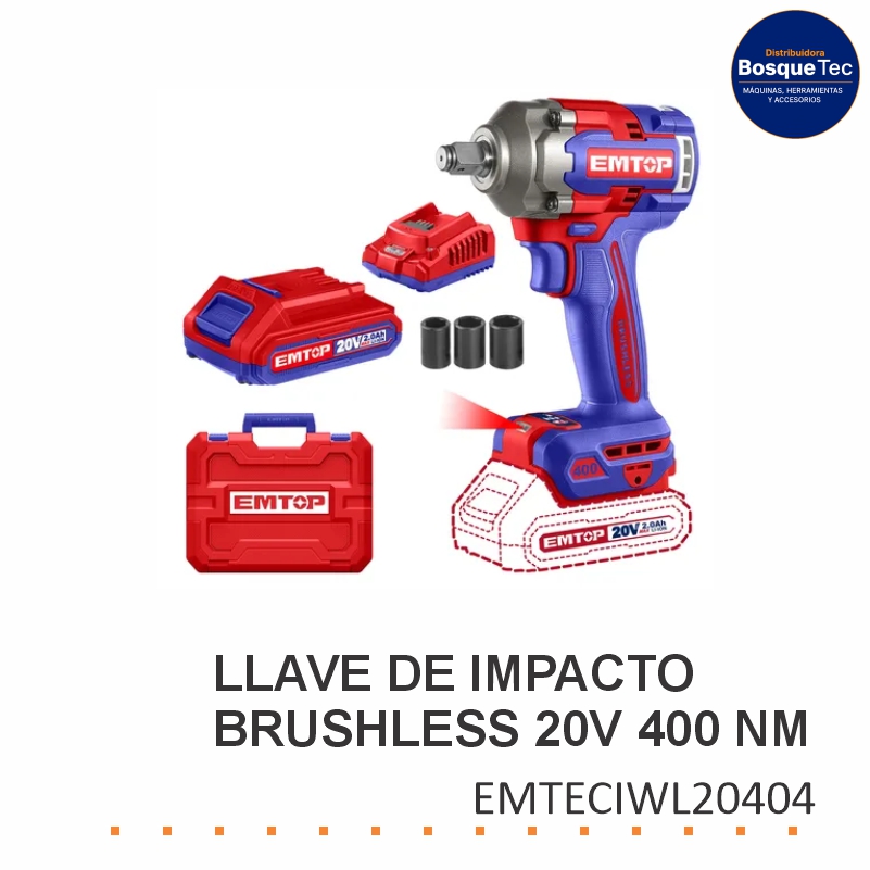 Llave de Impacto Brushless 20V 400 NM EMTOP EMTECIWL20404