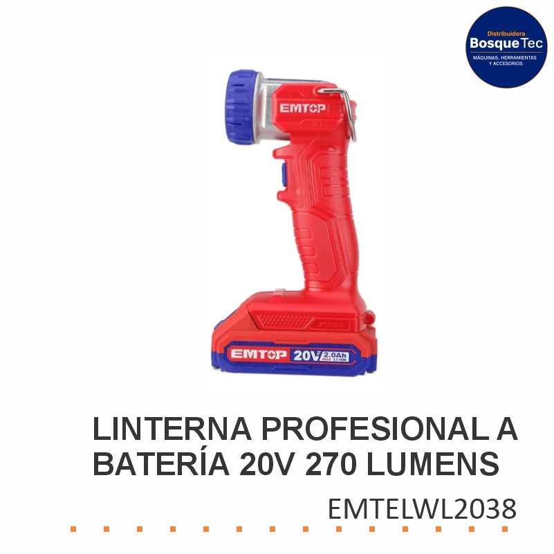 Linterna Profesional a Batería 20V 270 Lumenes EMTOP Sin Bat EMTELWL2038