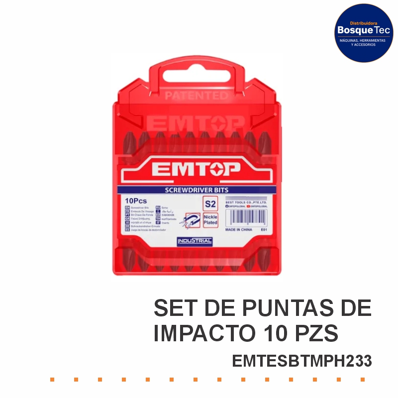 SET PUNTAS ATORNILLADOR DE IMPACTO 10 PIEZAS EMTOP EMTESBTMPH233