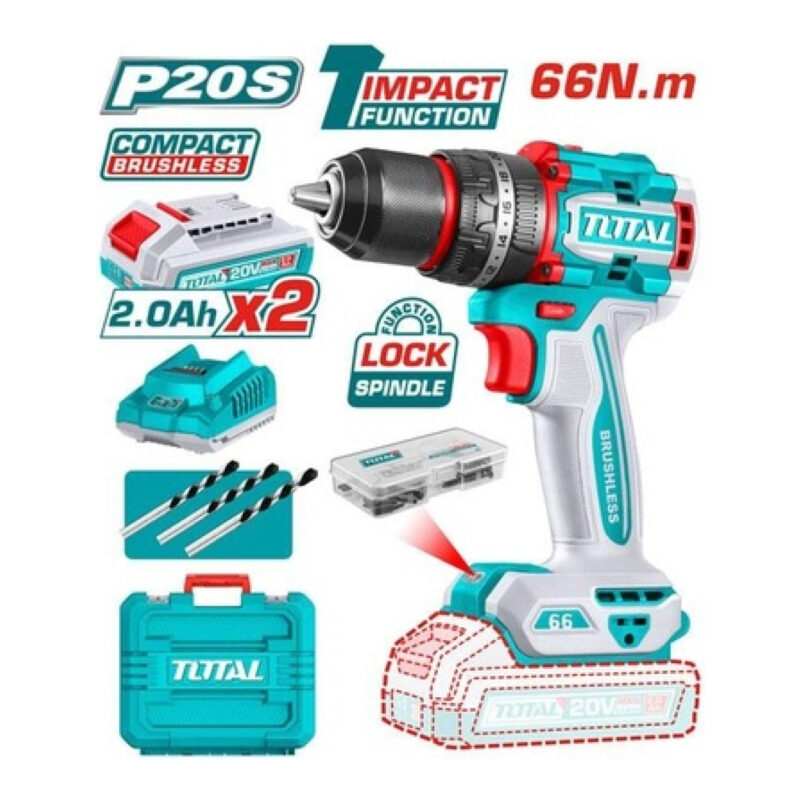 TALADRO INALAMBRICO BRUSHLESS 20V 2000RPN 66NM TOTAL TDLI2020021 SIN BATERIA SIN ARGADOR